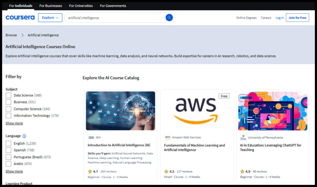 Free AI courses from Coursera with certificate, Exploring Artificial Intelligence Courses on Coursera: Features, Benefits, and Insights